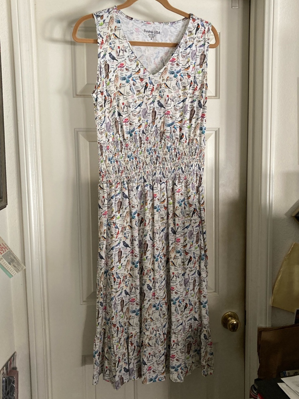 Svaha-White Bird-Print Sleeveless Midi Dress size M
